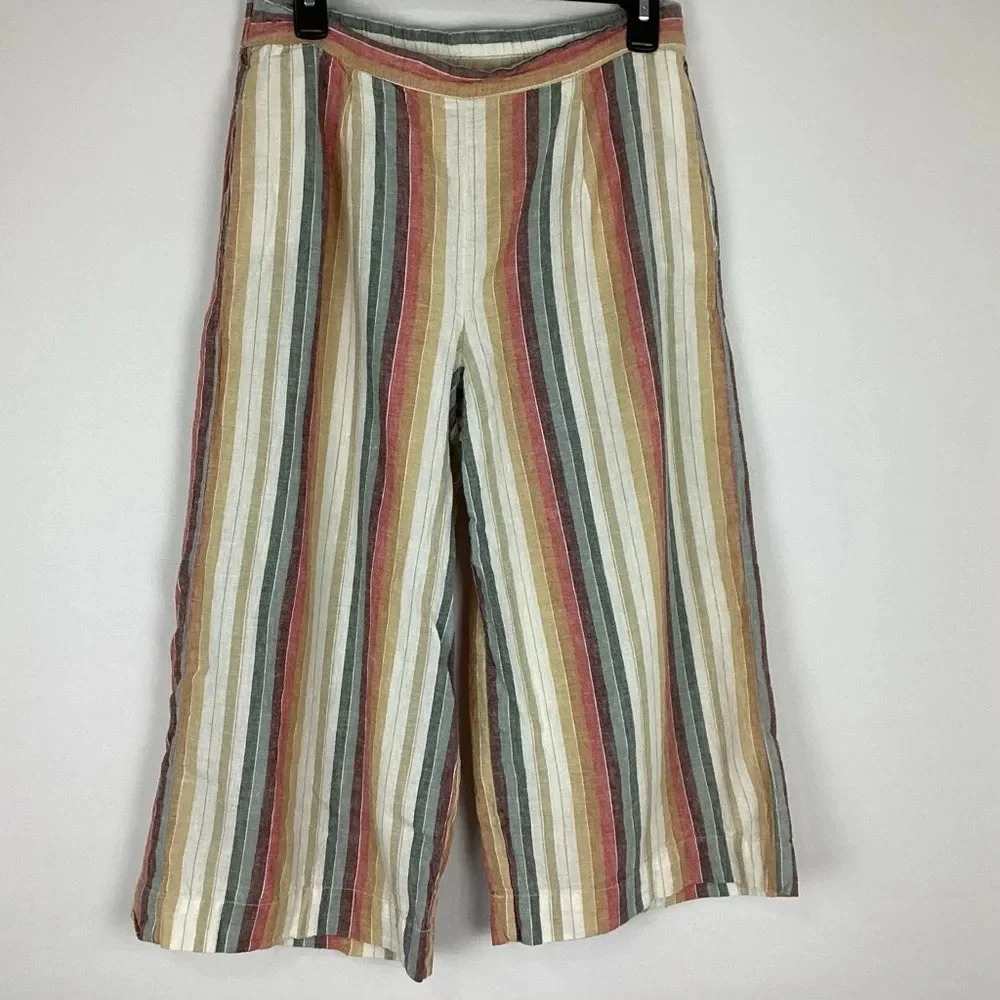 Beachlunchlounge Bennett Linen Striped Wide Leg Capri Pull On Multicolor Medium